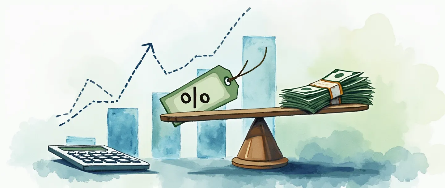 Uma pintura digital em aquarela de uma etiqueta de preço com um símbolo de porcentagem, equilibrada em uma balança com dinheiro do outro lado. Um gráfico de barras simples se eleva no fundo, com uma calculadora próxima. Composição limpa com tons suaves de azul e verde, transmitindo o conceito de cálculo de taxa de preço de vendas.
