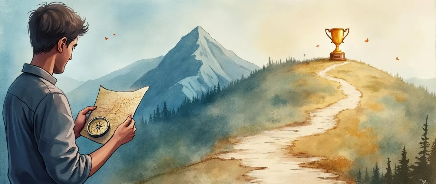 Uma pintura digital em aquarela de uma pessoa em uma encruzilhada, segurando uma bússola em uma mão e olhando para um mapa com múltiplos caminhos. Ao fundo, uma montanha com um troféu no seu pico. A cena está banhada em tons suaves de azul e dourado, com pinceladas simples transmitindo contemplação e direção. Conceito de tomada de decisão estratégica visualizado através de símbolos de escolha e orientação.
