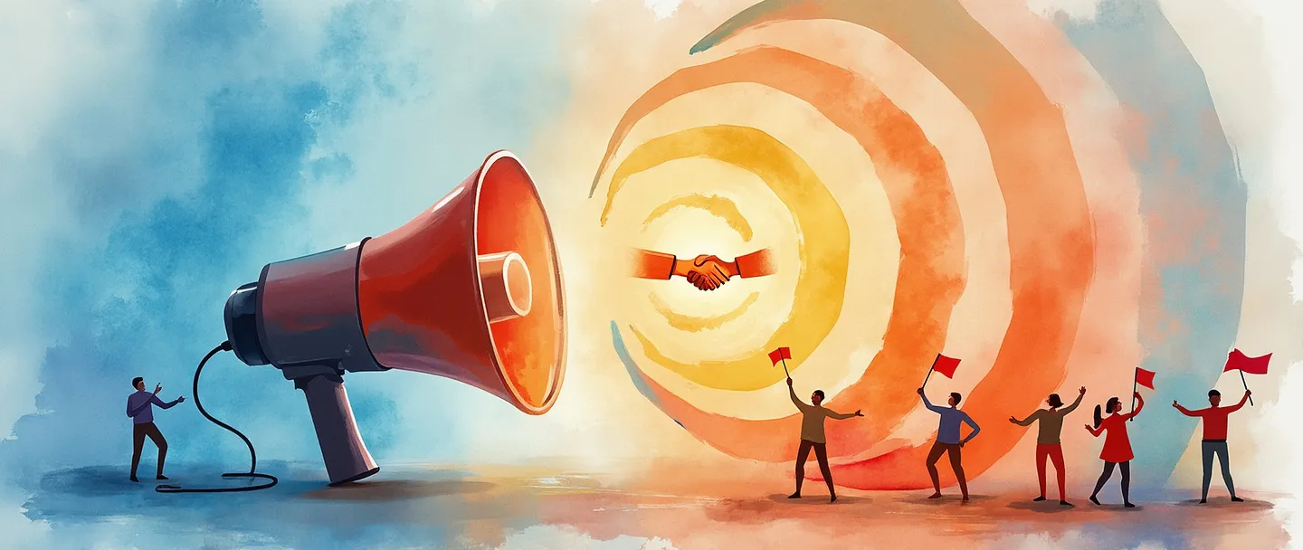 Uma pintura digital em aquarela de um megafone cercado por círculos concêntricos brilhantes, com pequenas figuras segurando bandeiras em pé em cada círculo. Um símbolo de aperto de mão conecta o megafone a um gráfico ascendente. Composição simples, com vibrantes tons de azul e laranja, transmitindo defesa da marca e fidelidade do cliente.