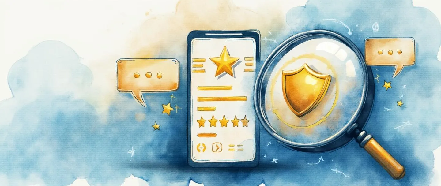Uma pintura digital em aquarela de uma tela de smartphone exibindo uma classificação de estrelas douradas, com um escudo protegendo-a de símbolos negativos. Uma lupa paira por perto, revelando comentários positivos fluindo para cima enquanto filtra os negativos. Composição simples com tons de azul e dourado, transmitindo gestão de reputação online.