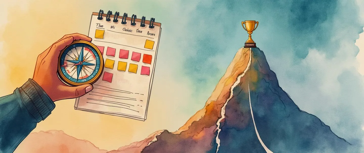 Uma pintura digital em aquarela de uma pessoa organizando um calendário colorido com uma mão enquanto segura uma bússola na outra. Um caminho claro leva de uma lista de tarefas até o topo de uma montanha onde um troféu reluz. Composição simples com cores quentes e inspiradoras.