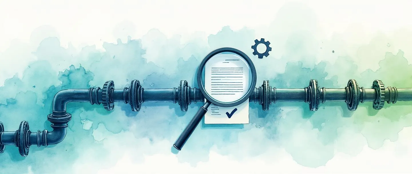 Uma pintura digital em aquarela de um pipeline feito de engrenagens interconectadas fluindo da esquerda para a direita, com um certificado anexado à seção do meio. Uma lupa paira acima, examinando o pipeline, enquanto um sinal de verificação aparece no final. Composição simples com tons de azul e verde, tema de avaliação de qualidade profissional.