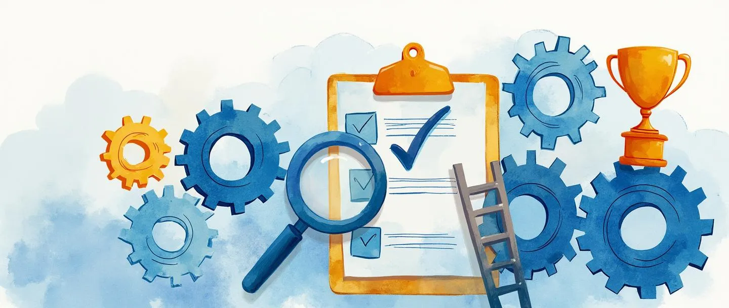 Uma pintura digital em aquarela de engrenagens interconectadas com uma prancheta mostrando um fluxograma. Uma lupa examina uma engrenagem enquanto uma marca de verificação aparece na prancheta. Uma escada leva para cima em direção a um troféu. Composição simples com tons de azul e dourado, transmitindo melhoria sistemática e conquista.