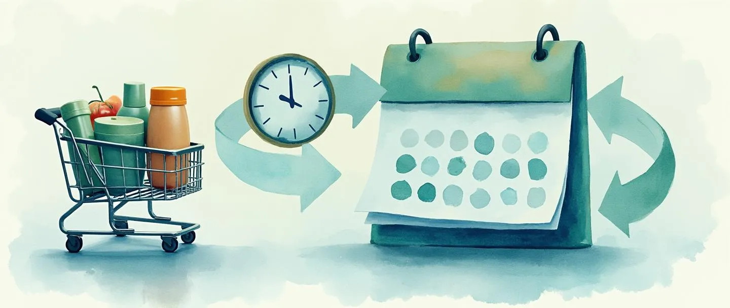 Uma pintura digital em aquarela de um calendário com setas recorrentes formando um ciclo, conectado a um carrinho de compras cheio de produtos. Um relógio se sobrepõe ao calendário, sugerindo a passagem do tempo. Composição simples com tons suaves de azul e verde, transmitindo o conceito de fornecimento automático recorrente.