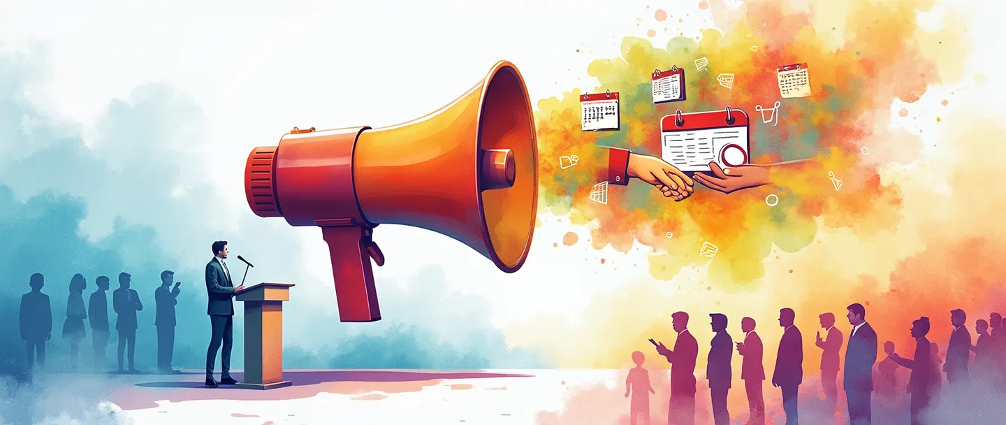 Uma pintura digital em aquarela de um megafone emitindo ondas coloridas que se transformam em um calendário e apertos de mão. Um pódio está próximo com uma pequena multidão reunida ao seu redor. Composição simples com cores vibrantes, transmitindo organização e promoção de eventos.