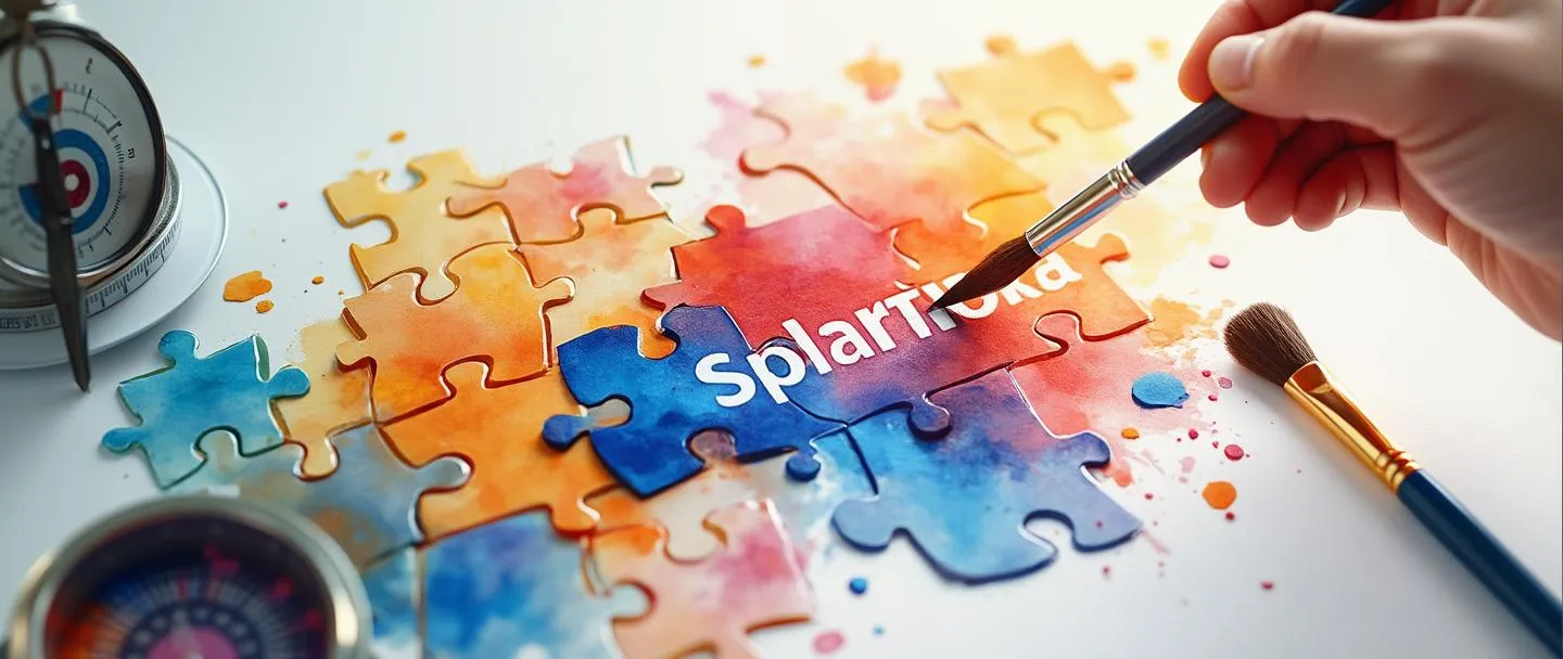 Uma pintura digital em aquarela de um logotipo corporativo sendo cuidadosamente pintado por uma mão segurando um pincel, cercado por peças de quebra-cabeça flutuantes que se unem para formar uma identidade de marca. Uma bússola guia a composição enquanto um pequeno alvo com uma flecha está próximo. Design simples e elegante com cores vibrantes, porém profissionais.