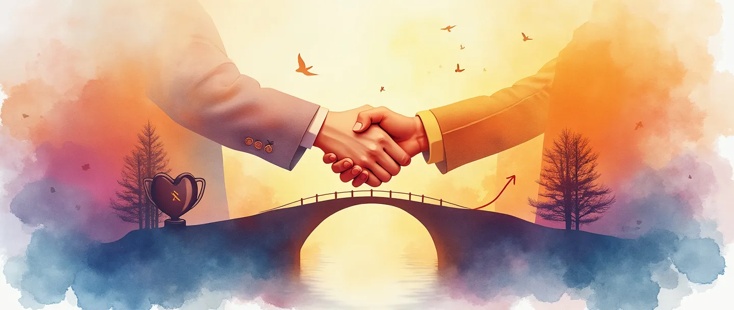 Uma pintura digital em aquarela de um aperto de mãos entre duas silhuetas cercadas por um cálido brilho dourado. Acima delas, uma pequena ponte conecta duas peças de quebra-cabeça. Um troféu em forma de coração está próximo, com um simples gráfico de satisfação do cliente subindo. Cores vibrantes mas suaves, composição limpa, tema de qualidade de relacionamento.