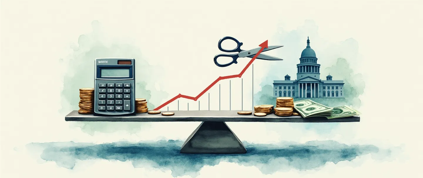 Uma pintura digital em aquarela de uma balança equilibrada com moedas e notas de dinheiro de um lado e um prédio governamental do outro. Uma calculadora e tesouras cortam através de uma linha vermelha em um gráfico simples com tendência ascendente. Tons suaves de azul e verde, composição minimalista, tema de equilíbrio fiscal.