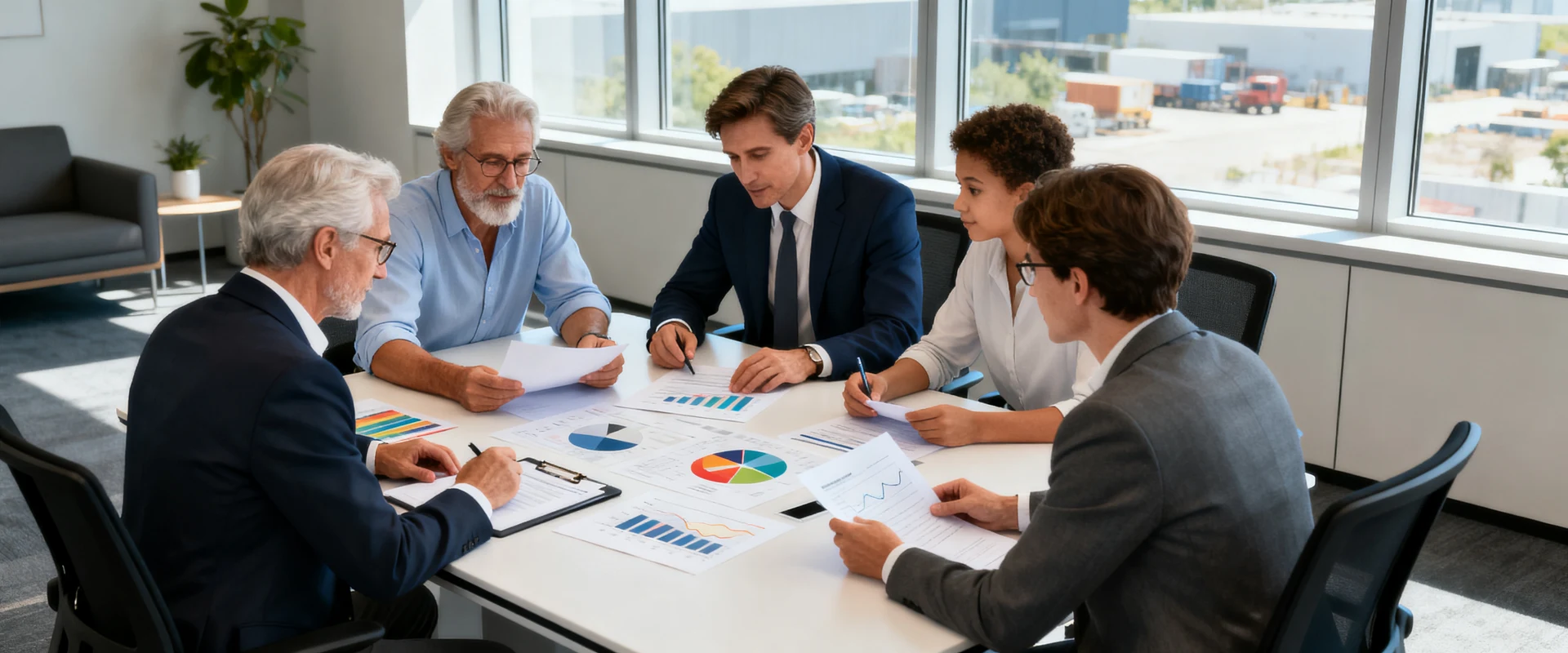 Fotografia editorial ultra-realista de proprietários de empresa familiar multigeracional reunidos com consultor profissional em mesa de conferência, revisando documentos e gráficos em escritório moderno. Imagem autêntica capturada com Canon EOS R5, luz natural, foco nítido e alta resolução.