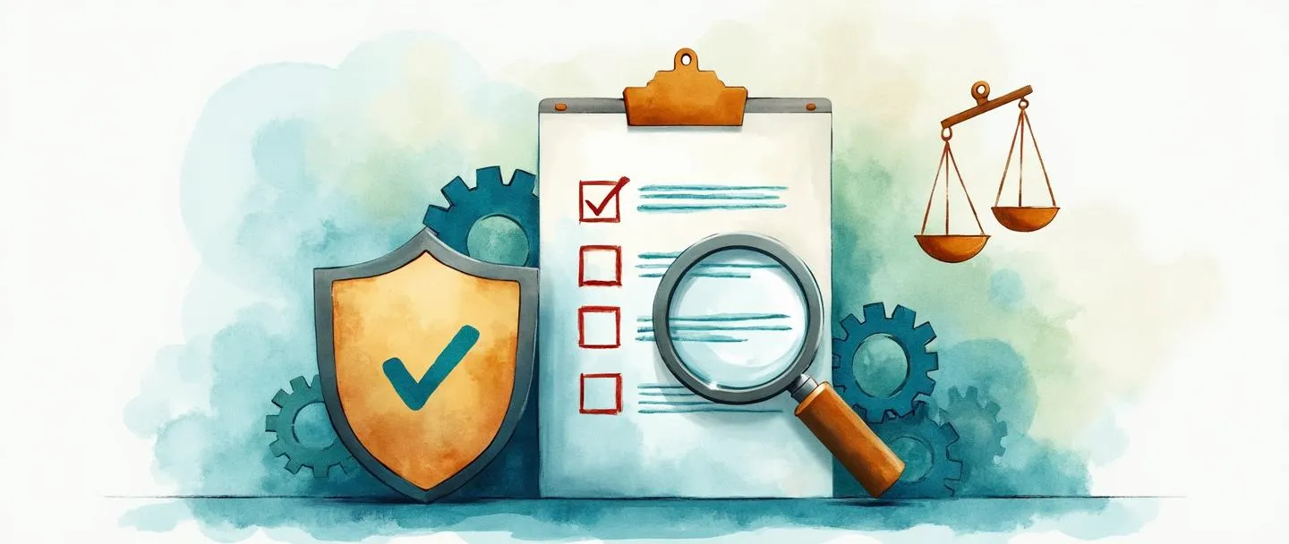 Uma pintura digital em aquarela de uma lupa examinando uma lista de verificação com engrenagens atrás. Um escudo com uma marca de verificação está próximo, enquanto balanças equilibradas pairam acima. Composição simples com linhas limpas, usando tons suaves de azul e verde para transmitir confiança e segurança.