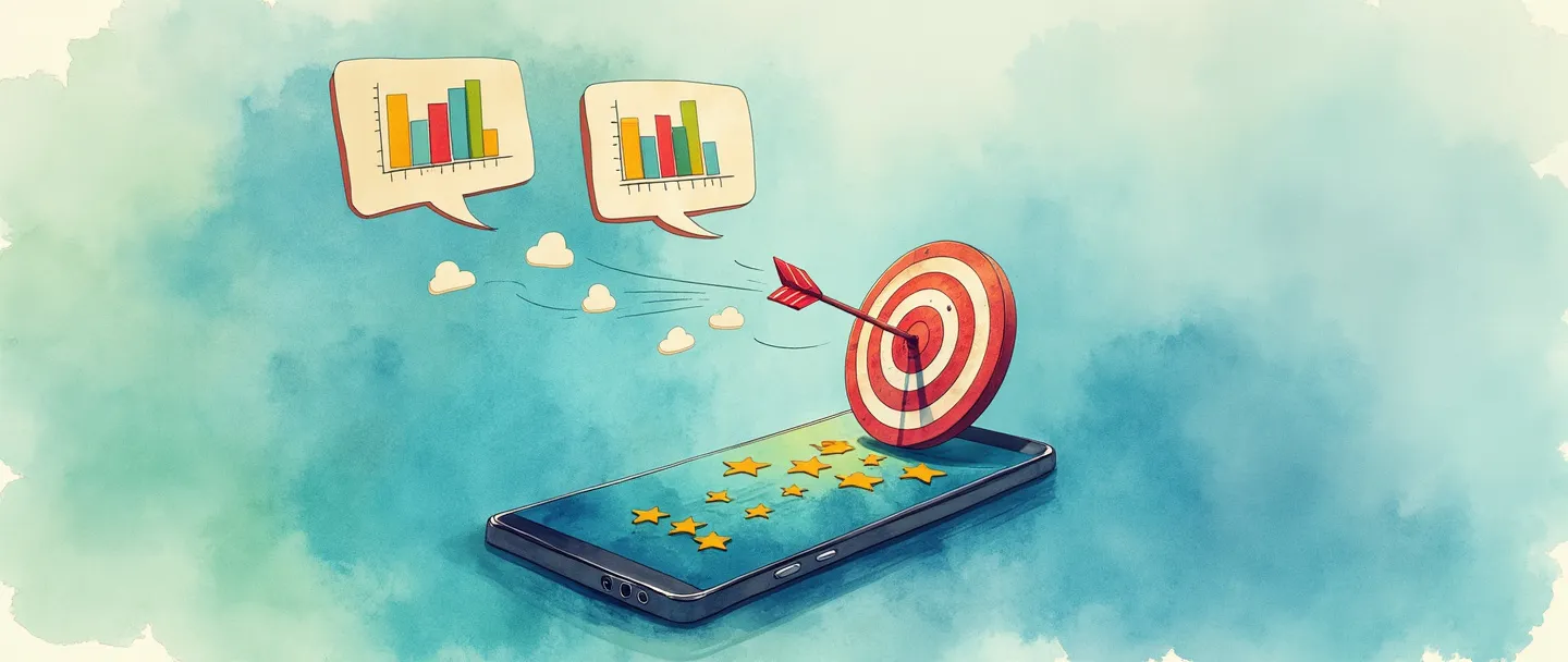 Uma pintura digital em aquarela de um smartphone exibindo um sistema de classificação por estrelas, com balões de fala surgindo dele contendo gráficos de barras coloridos. Um alvo com uma flecha no centro flutua próximo, conectado ao telefone por fluxos de dados. Conceito de métricas de feedback do cliente, composição simples, tons vibrantes de azul e verde.