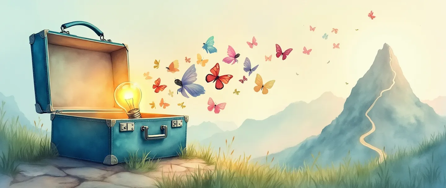 A digital watercolor painting of an open briefcase releasing colorful butterflies. A single lightbulb glows above, illuminating a winding path leading to a distant mountain peak. Simple composition, inspiring atmosphere, soft pastel colors.