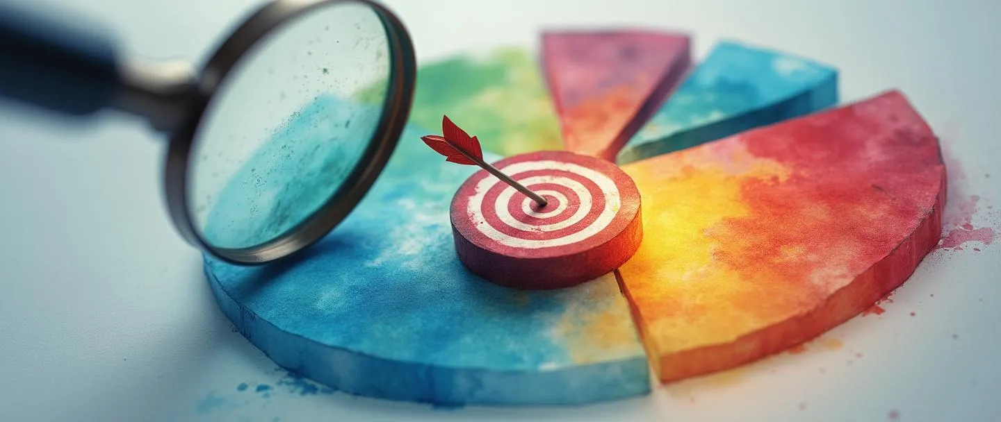 Uma pintura digital em aquarela de uma lupa focando em um segmento específico de um gráfico de pizza colorido, com o segmento selecionado brilhando intensamente. Outros segmentos aparecem desbotados no fundo. Um pequeno alvo com uma flecha no centro flutua próximo. Composição simples, cores profissionais, porém vibrantes.