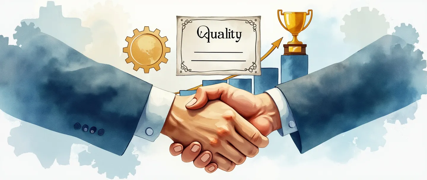 Uma pintura digital em aquarela de um aperto de mãos entre duas mãos com um certificado de qualidade flutuando acima delas. Atrás do aperto de mãos há um gráfico simples ascendente com um troféu em seu pico. Uma engrenagem e uma peça de quebra-cabeça se misturam no fundo, simbolizando sistemas que funcionam bem. Paleta de cores limpa e profissional com tons de azul e dourado. Composição simples focada em conceitos de qualidade empresarial.
