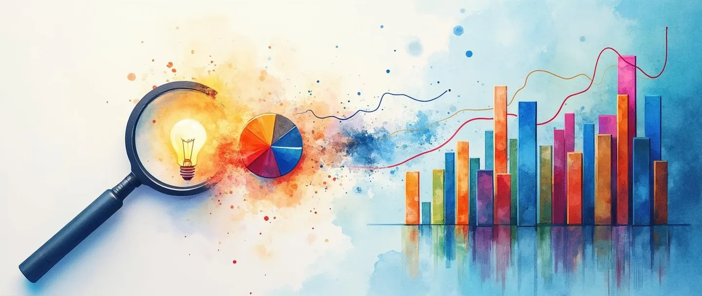 Uma pintura digital em aquarela de gráficos de barras coloridos e gráficos de pizza se transformando em um fluxo de dados fluido. Uma lupa revela insights dentro da visualização, enquanto uma lâmpada brilha acima, representando o entendimento obtido a partir dos dados. Composição simples com azuis e laranjas vibrantes contra um fundo limpo.