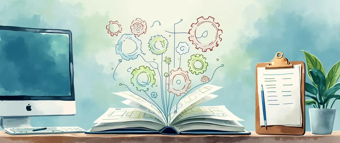 Uma pintura digital em aquarela de um livro aberto com diagramas de fluxograma fluindo de suas páginas. Próximo, uma prancheta com uma lista de tarefas e uma caneta apoiadas contra um computador simples. Algumas engrenagens organizadas flutuam acima, conectando os elementos com linhas delicadas. Composição limpa e organizada com tons suaves de azul e verde.