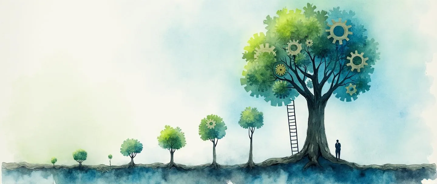 Uma pintura digital em aquarela de uma pequena muda crescendo até se tornar uma árvore alta com múltiplos galhos, cada galho sustentando engrenagens cada vez maiores. Uma escada está apoiada contra a árvore, com uma figura subindo. Composição simples com azuis e verdes vibrantes, transmitindo crescimento e expansão nos negócios.