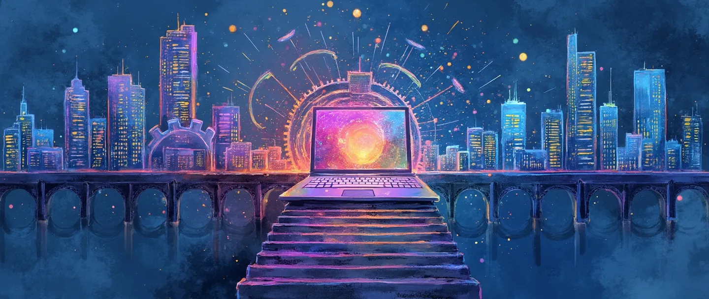 Uma pintura digital em aquarela de engrenagens interconectadas se transformando em pixels digitais, com um computador brilhante no centro irradiando ondas de energia coloridas. Uma ponte conecta edifícios de escritórios tradicionais a um centro digital moderno. Composição simples com vibrantes tons de azul e roxo, transmitindo transformação digital.