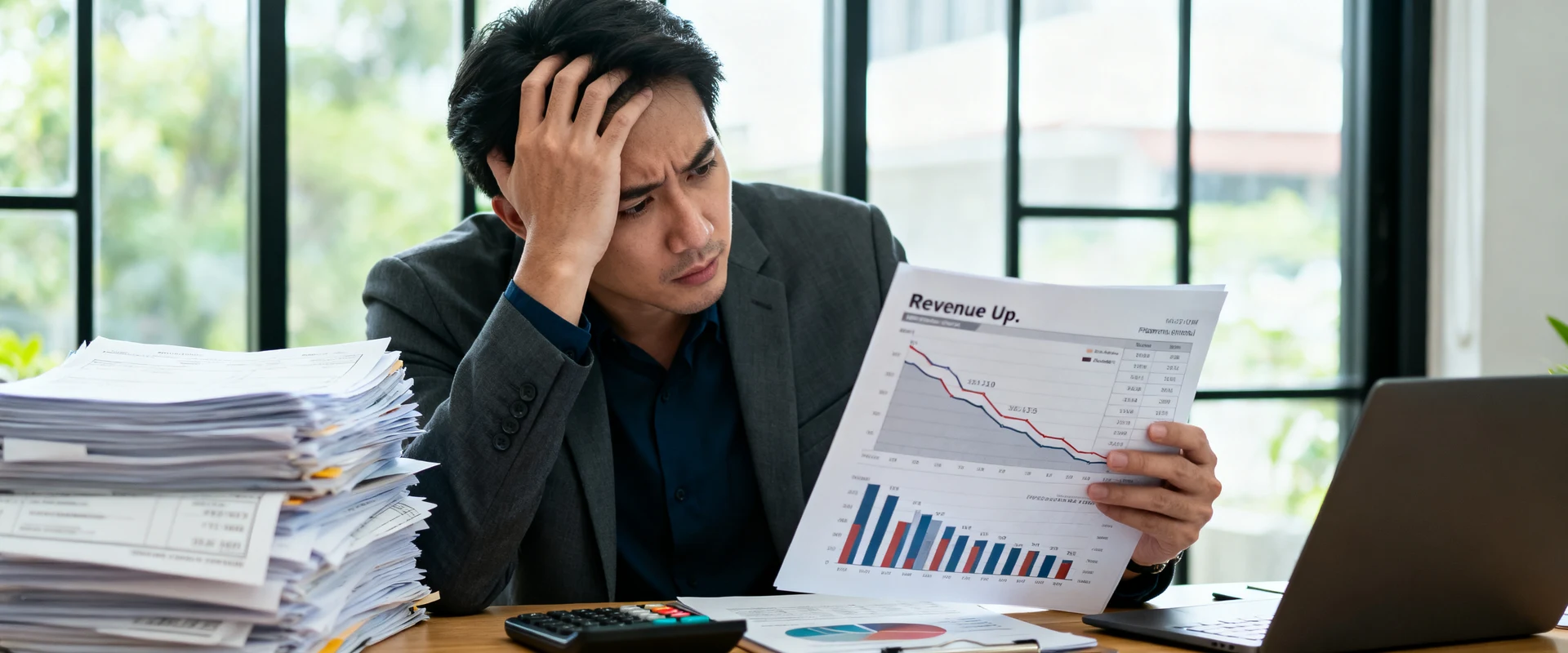 Empresário frustrado analisando relatórios financeiros e gráficos de vendas mostrando aumento de receita mas queda nas margens de lucro, com pilhas de faturas e calculadora sobre mesa, fotografia documental autêntica em alta resolução