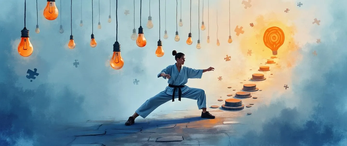 Uma pintura digital em aquarela de uma pessoa em postura simples praticando movimentos de artes marciais enquanto está cercada por lâmpadas flutuantes e peças de quebra-cabeça. Um caminho de pedras leva em direção a um alvo brilhante. Composição simples com tons suaves de azul e laranja, representando a prática estruturada de inovação.
