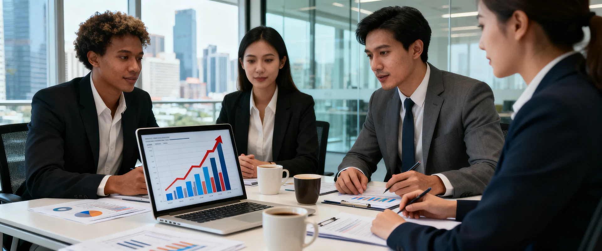 Como melhorar a saúde financeira de uma empresa rapidamente Equipe de negócios diversificada analisando gráficos de crescimento financeiro em laptop no escritório moderno, fotografia editorial ultra-realista com luz natural e detalhes nítidos em alta resolução.