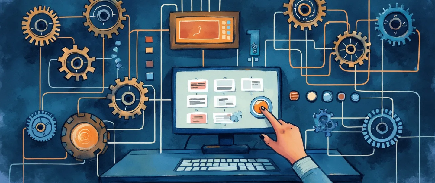 Uma pintura digital em aquarela de um painel de controle central com botões e interruptores brilhantes, conectado a várias engrenagens que giram em harmonia. Uma mão está ajustando um botão giratório, enquanto um pequeno monitor de computador exibe fluxogramas organizados. Composição simples com tons de azul e laranja, transmitindo o conceito de coordenação e gerenciamento.