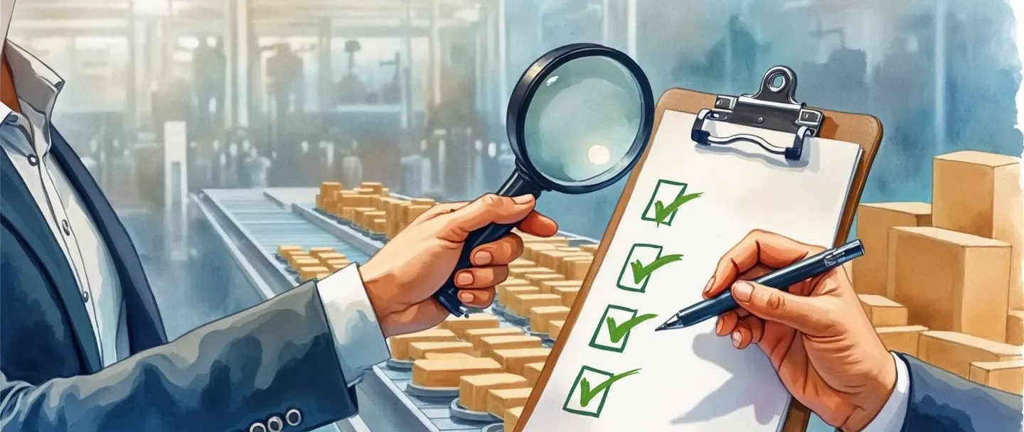 Uma pintura digital em aquarela de uma pessoa em traje profissional examinando um produto com uma lupa. Uma prancheta com uma lista de verificação mostra marcas de seleção verdes. Ao fundo, uma esteira de fábrica com produtos. Composição simples com tema de controle de qualidade em cores vibrantes, mas limpas.