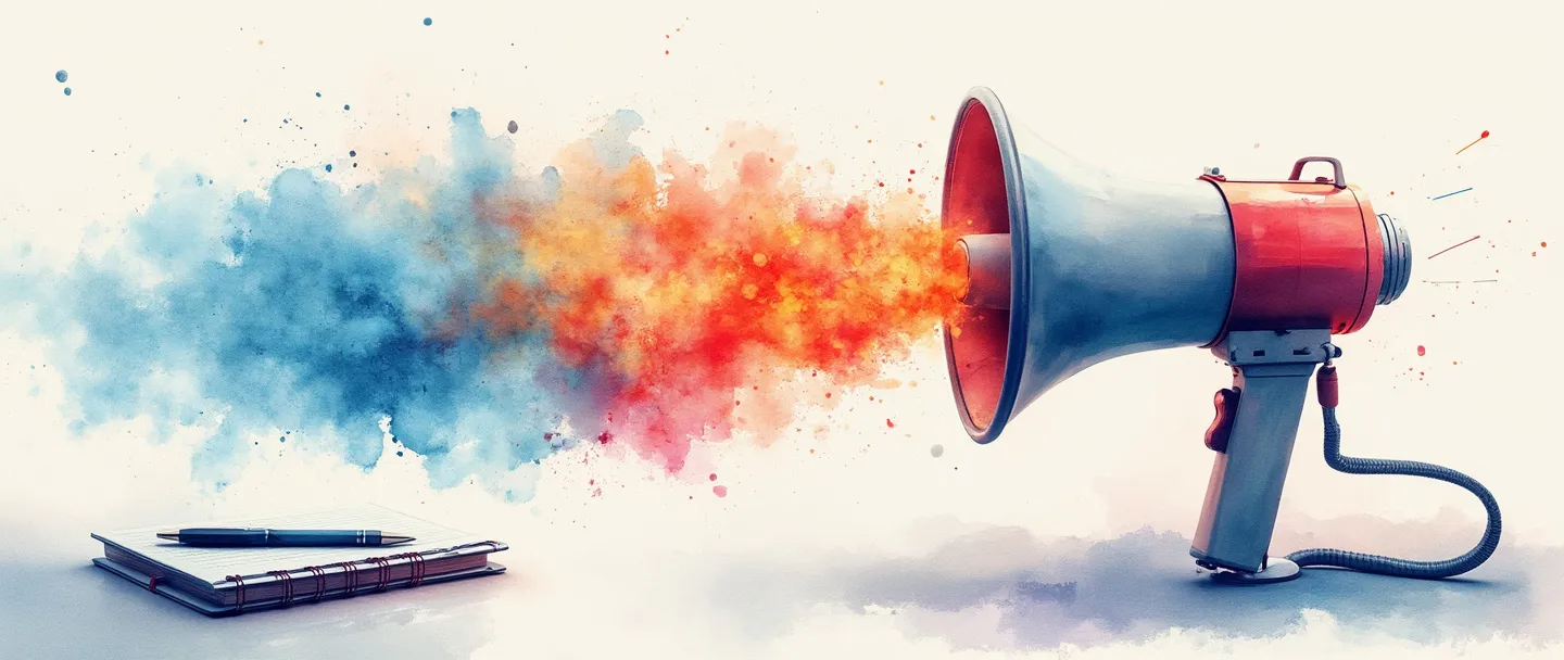 Uma pintura digital em aquarela de um megafone emitindo ondas coloridas que se transformam em um logotipo de marca. Um caderno com uma caneta está próximo, com linhas sutis conectando-os. Composição simples com azuis e vermelhos vibrantes, atmosfera profissional, porém criativa.