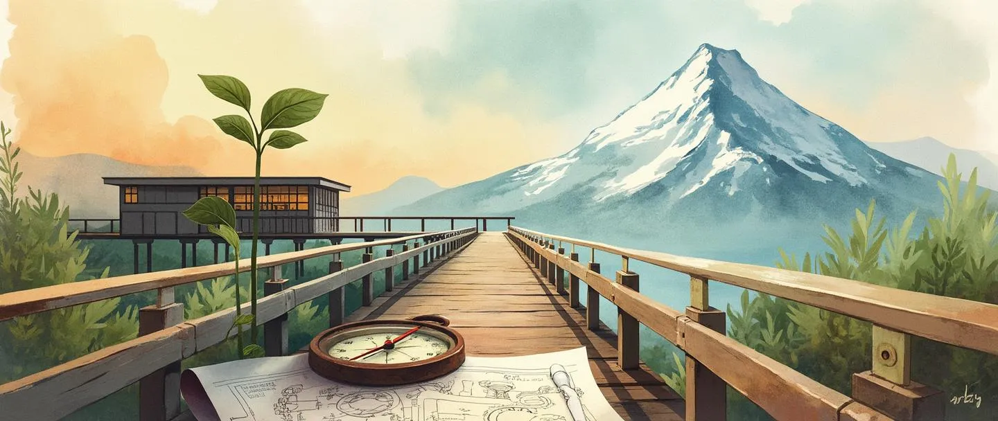Uma pintura digital em aquarela de uma ponte conectando um edifício contemporâneo a um pico de montanha distante. Uma bússola e uma planta baixa repousam em primeiro plano, enquanto uma muda cresce ao lado do caminho da ponte. Engrenagens sutis e um relógio simbolizam a passagem do tempo. Cores quentes e inspiradoras com uma composição limpa e estratégica.