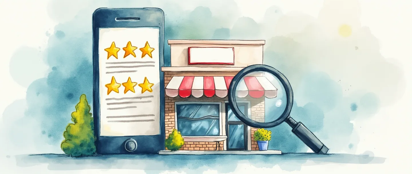 Uma pintura digital em aquarela de um smartphone exibindo avaliações com estrelas e resenhas, com uma pequena fachada de loja visível na tela. Uma lupa paira próxima, revelando comentários de usuários. Composição simples com cores vibrantes, representando uma plataforma de avaliações de negócios.