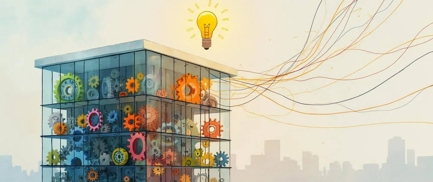 Uma pintura digital em aquarela de um edifício de escritórios com paredes transparentes revelando uma rede de engrenagens coloridas em seu interior. Uma lâmpada flutua acima, conectada às engrenagens por fitas fluidas de luz. Composição simples, cores suaves com pontos estratégicos de brilho, transmitindo valores e crenças organizacionais compartilhados.