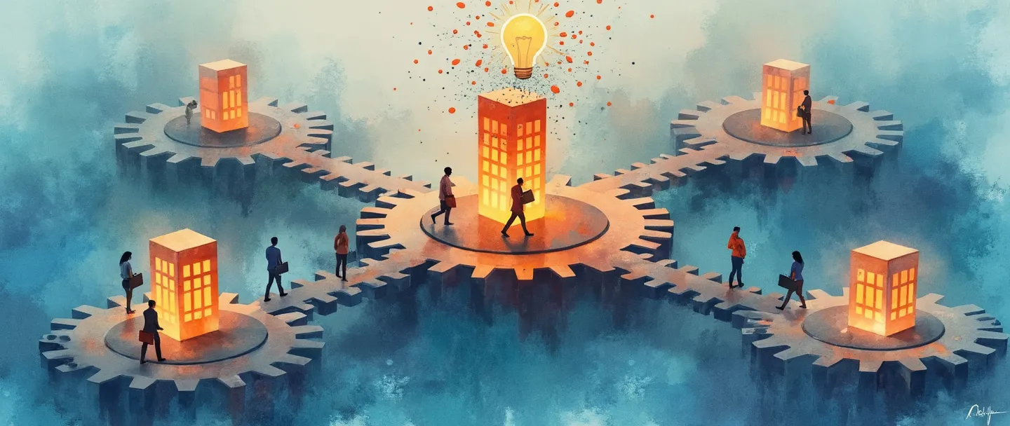 Uma pintura digital em aquarela de engrenagens interconectadas formando um hub central, com pequenos edifícios de escritórios conectados por pontes luminosas. Pessoas de negócios com maletas caminham por essas pontes enquanto lâmpadas flutuam acima, simbolizando a troca de ideias. Composição simples com vibrantes tons de azul e laranja.