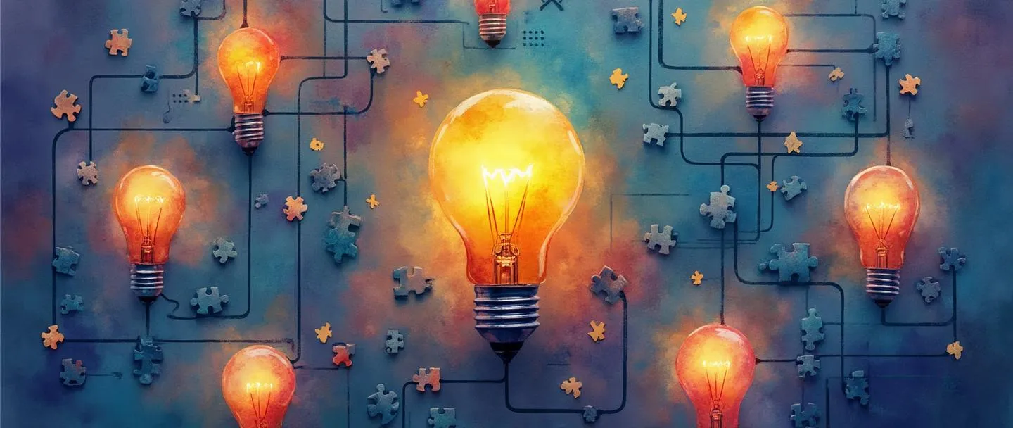 Uma pintura digital em aquarela de um centro movimentado com lâmpadas interconectadas brilhando em várias cores, cercadas por peças de quebra-cabeça flutuantes. No centro, uma lâmpada dourada brilhante irradia energia para lâmpadas menores ao seu redor. Engrenagens simples conectam os elementos, sugerindo colaboração e fluxo de inovação. Vibrante, porém minimalista, com uma paleta de cores quentes.