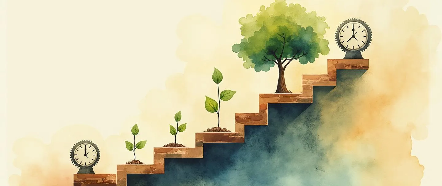 Uma pintura digital em aquarela de uma escada ascendendo através de níveis organizacionais, com engrenagens se encaixando suavemente no topo. Uma muda na parte inferior cresce e se torna uma árvore robusta no cume. Faces de relógio simples marcam diferentes estágios de crescimento. Cores quentes e profissionais com um tema claro de progressão.