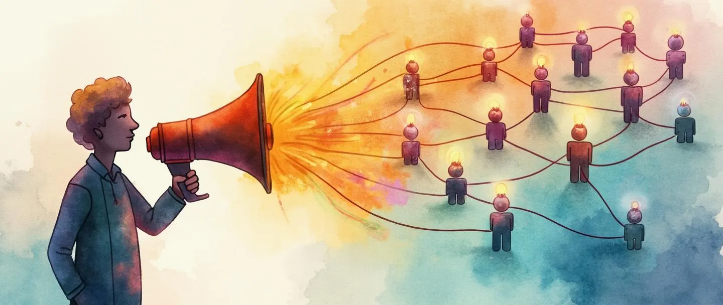 Uma pintura digital em aquarela de uma pessoa segurando um megafone, cercada por várias figuras menores com lâmpadas acima de suas cabeças. O conhecimento flui do megafone como ondas coloridas, conectando todas as figuras em um diagrama de rede simples. Cores quentes e inspiradoras com uma atmosfera de ensino.