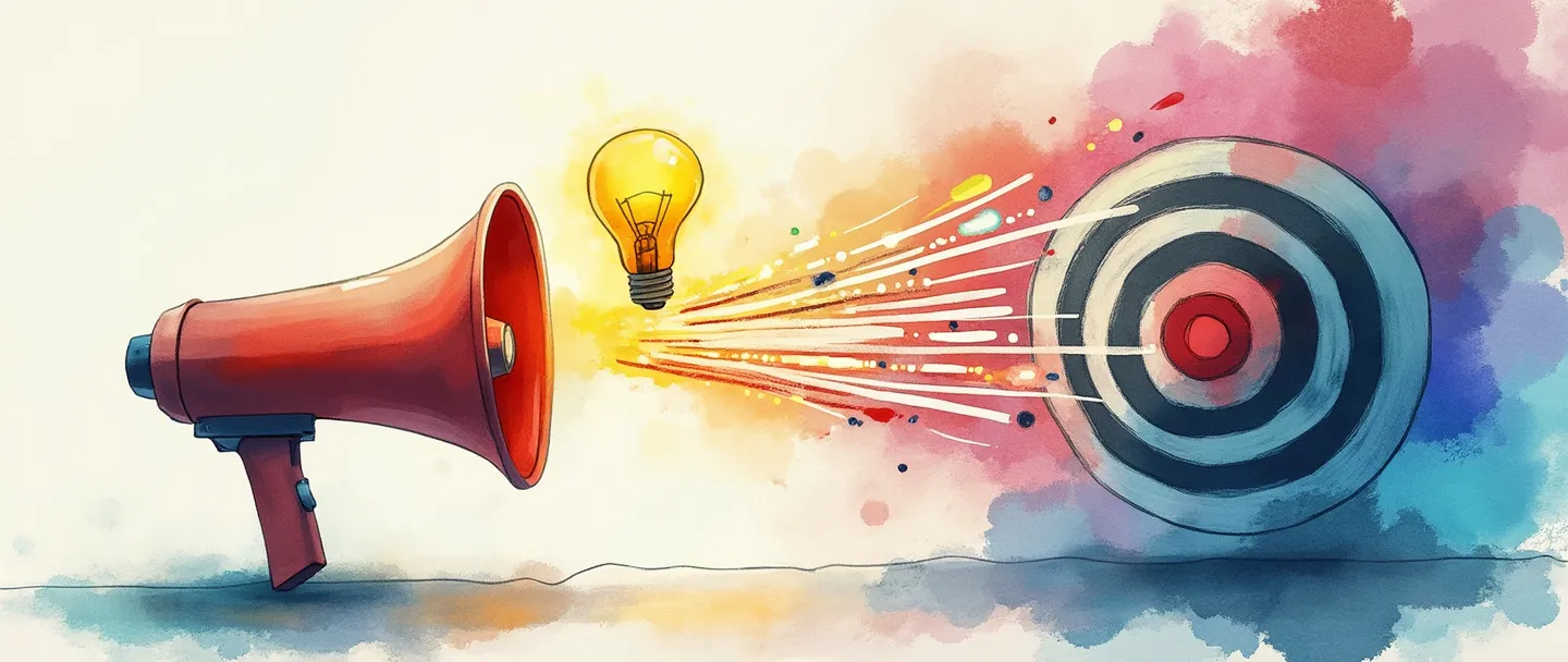 Uma pintura digital em aquarela de um megafone emitindo ondas coloridas que se conectam a um alvo com círculos concêntricos. Uma lâmpada flutua acima do ponto de conexão, iluminando a cena. Composição simples com cores vibrantes, transmitindo o conceito de objetivos estratégicos de comunicação.