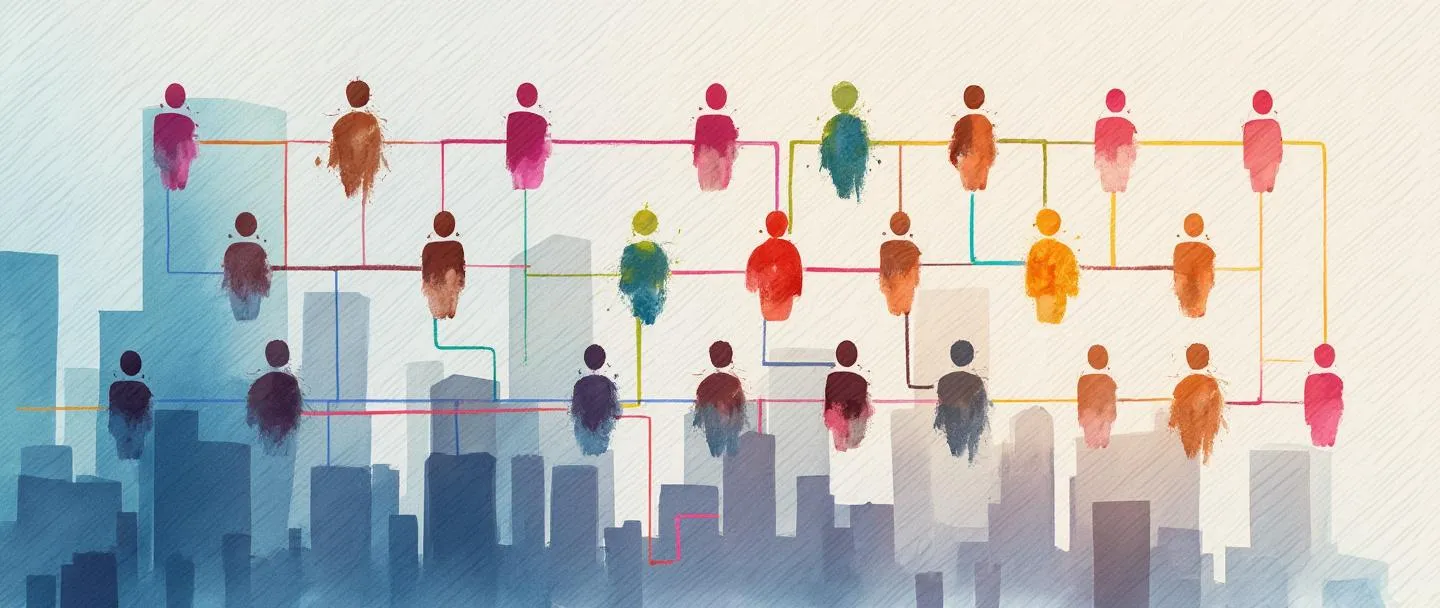 Uma pintura digital em aquarela de um gráfico matricial organizacional mostrando equipes interconectadas. Ícones de pessoas organizados em linhas verticais e horizontais formando um padrão de grade, com linhas coloridas de conexão entre eles. Alguns nós brilham mais intensamente, representando líderes de projeto. Composição simples com uma silhueta de um edifício de escritórios moderno no fundo.
