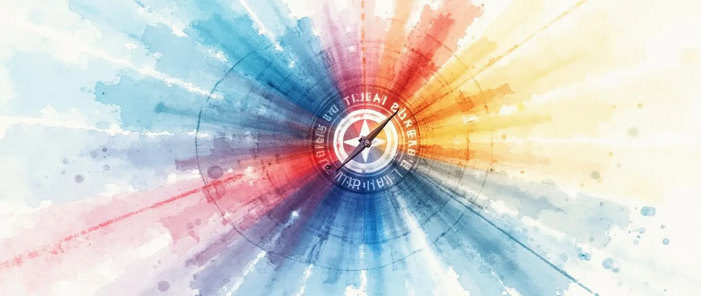 Uma pintura digital em aquarela de um logotipo de marca irradiando feixes de luz coloridos, com um escudo protetor ao seu redor. Uma bússola aponta para o logotipo enquanto uma pequena lupa o examina. Composição simples com vibrantes tons de azul e vermelho contra um fundo branco limpo, transmitindo gestão e proteção de marca.
