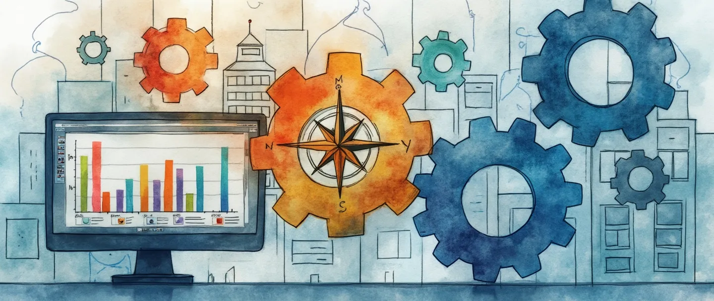 Uma pintura digital em aquarela de engrenagens interconectadas dentro de um edifício de escritórios simplificado, com um computador exibindo gráficos coloridos e calendários. Peças de quebra-cabeça conectando diferentes departamentos, com uma rosa dos ventos no centro simbolizando direção e planejamento. Linhas limpas, foco em negócios, tema de sistema organizado.