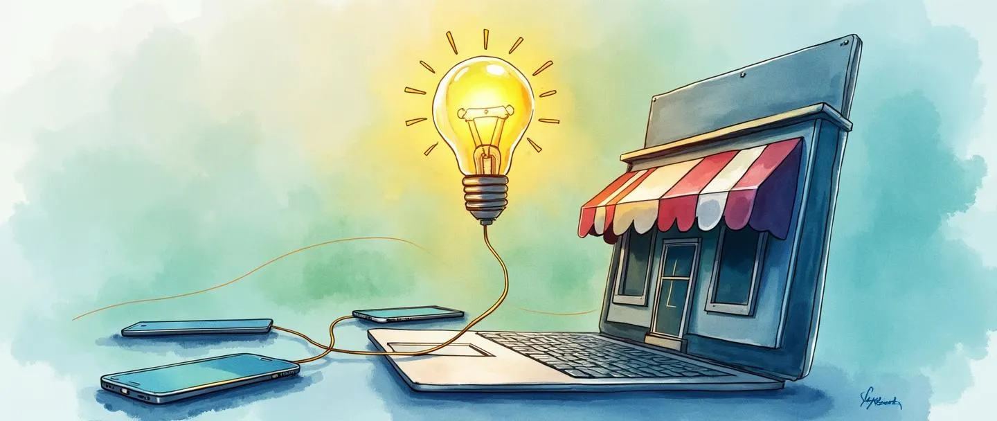 Uma pintura digital em aquarela de um laptop com uma vitrine digital na tela, conectado a vários smartphones por linhas de rede brilhantes. Uma pequena lâmpada flutua acima, iluminando um símbolo de aperto de mãos. Composição simples com azuis e verdes vibrantes, representando a expansão de negócios digitais.