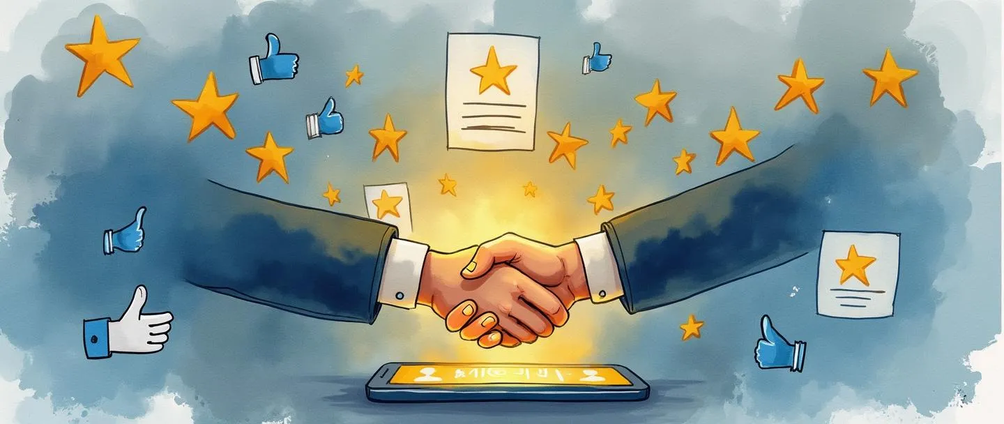 Uma pintura digital em aquarela de classificações de estrelas flutuando acima da tela de um smartphone, com ícones de polegar para cima e cartões de avaliações positivas ao redor. Um aperto de mão se conecta a um distintivo de perfil brilhante, simbolizando confiança. Composição simples com tons de azul e dourado, transmitindo reputação online.
