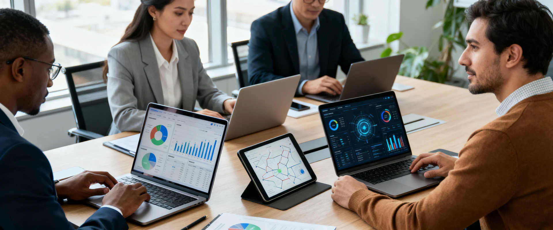 Profissionais de negócios diversos colaborando em mesa de conferência com laptops e tablets exibindo dashboards de dados em escritório corporativo moderno. Fotografia editorial ultra-realista com luz natural e detalhes nítidos.
