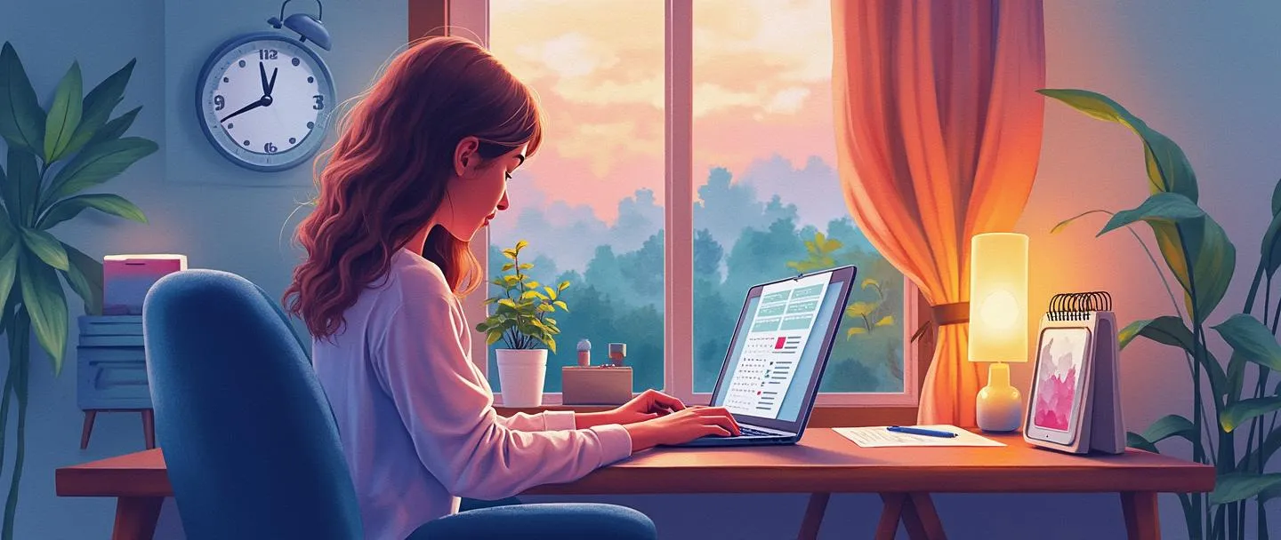 Uma pintura digital em aquarela de uma pessoa trabalhando confortavelmente em uma mesa de casa com um laptop, smartphone e calendário. Dispositivos de casa inteligente brilham suavemente nas proximidades, enquanto um relógio mostra horários flexíveis. O espaço é organizado, mas aconchegante, com uma janela mostrando uma vista tranquila. Cores vibrantes, mas relaxantes, composição simples, tema moderno de equilíbrio entre trabalho e vida pessoal.