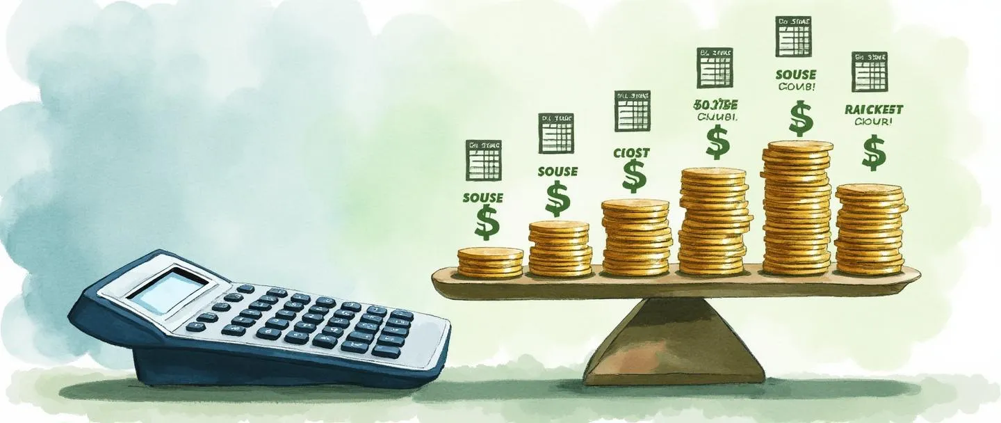 Uma pintura digital em aquarela de uma calculadora dividindo moedas em pilhas organizadas em uma balança. Símbolos de cifrão fluem de uma planilha para diferentes centros de custo rotulados. Composição simples com tons suaves de azul e verde, transmitindo o conceito de alocação de custos com clareza e precisão.