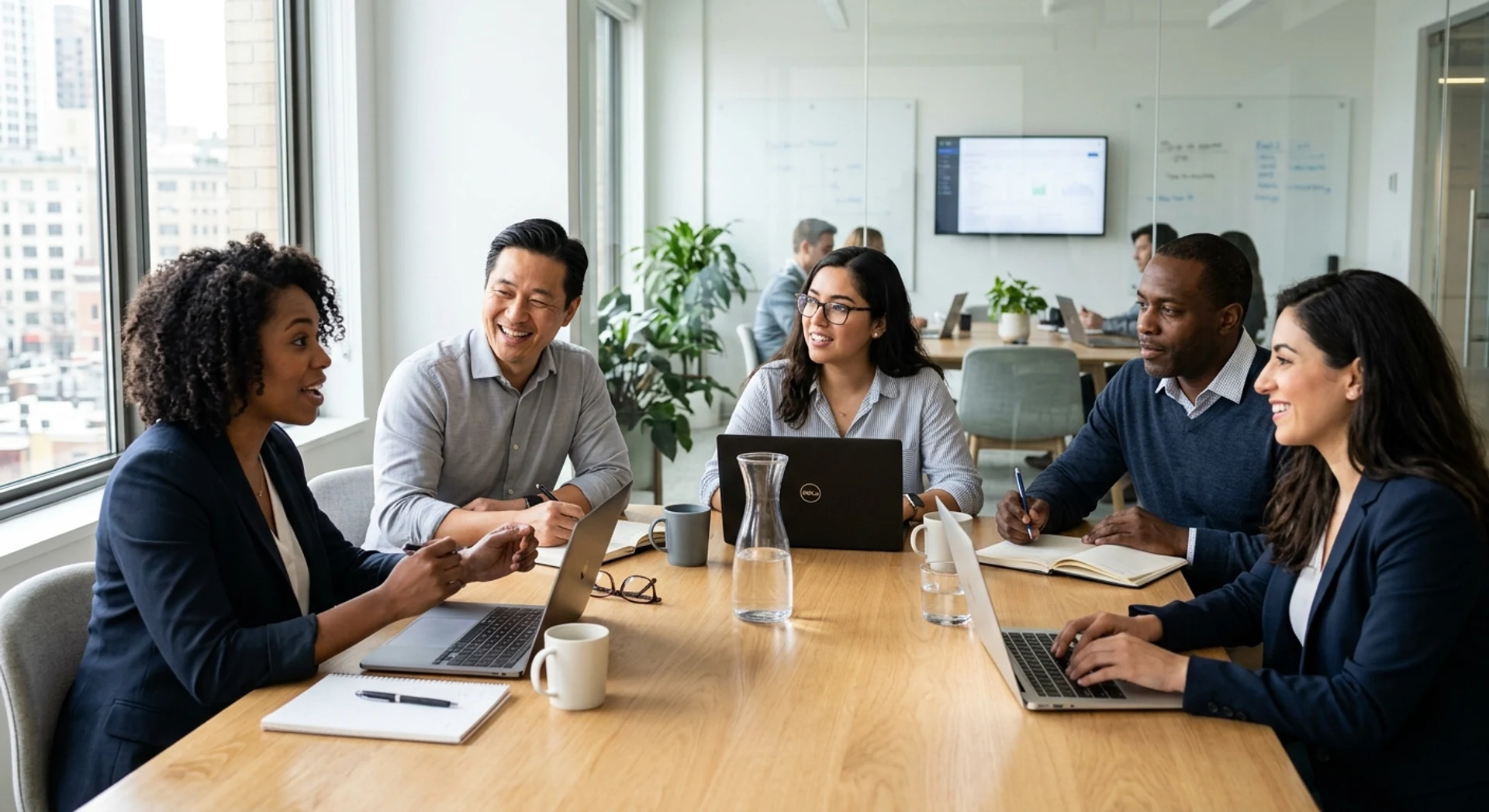 Grupo diverso de empreendedores confiantes colaborando em reunião matinal produtiva ao redor de mesa moderna com laptops e notebooks, fotografia editorial ultra-realista com luz natural e detalhes nítidos.