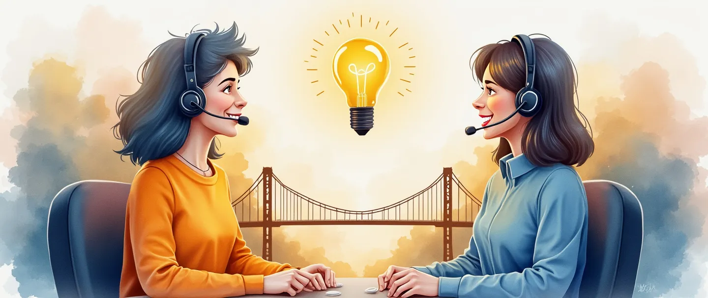 Uma pintura digital em aquarela de um representante de atendimento ao cliente amigável com um headset, ajudando um cliente. Uma lâmpada brilhante flutua acima deles, simbolizando soluções. Entre eles, uma ponte conecta dois lados, representando conexão e suporte. Composição simples com cores quentes e reconfortantes.