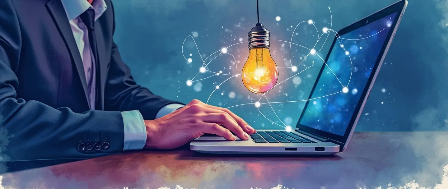 Uma pintura digital em aquarela de uma pessoa em trajes executivos usando um laptop que emite conexões de rede brilhantes, com uma mão tocando um globo digital. Uma lâmpada flutua acima de sua cabeça, conectada ao laptop por fluxos de dados. Composição simples com tons vibrantes de azul e roxo, representando liderança digital e gestão remota.