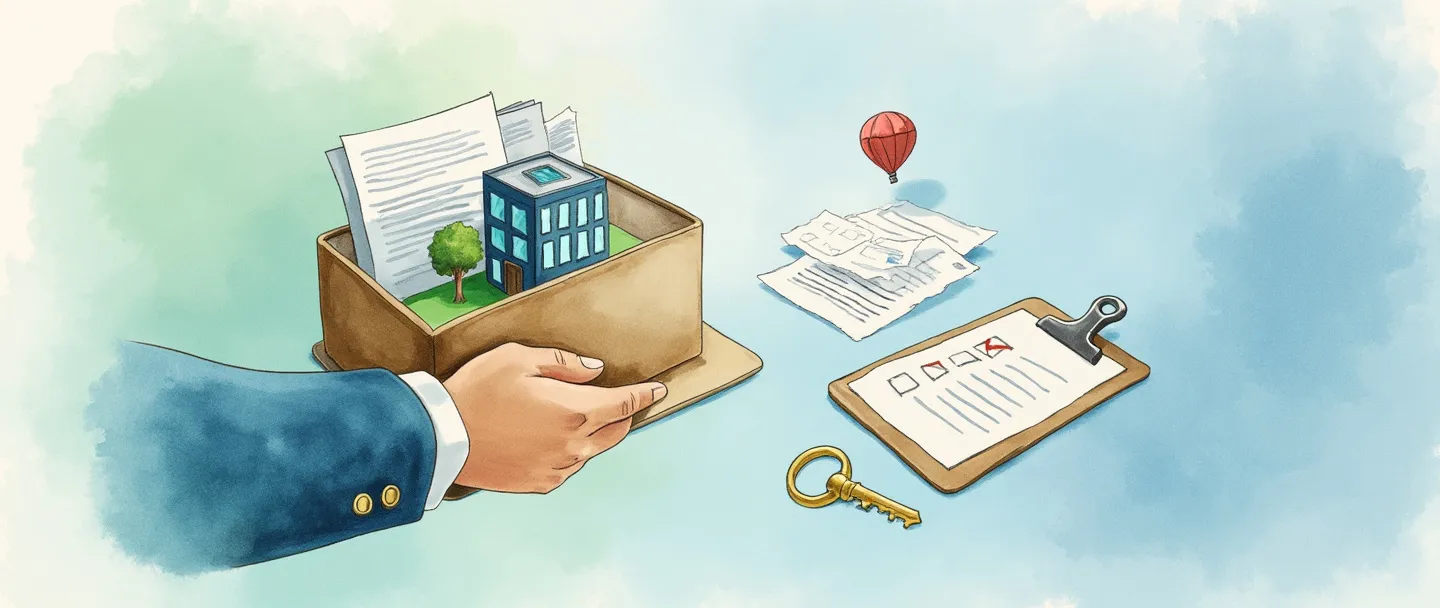 Uma pintura digital em aquarela de uma mão segurando uma pasta com documentos e uma pequena maquete de edifício dentro. Uma chave e uma prancheta com uma lista de verificação pairam por perto. Composição simples com tons suaves de azul e verde, representando gestão de ativos e supervisão de propriedades.