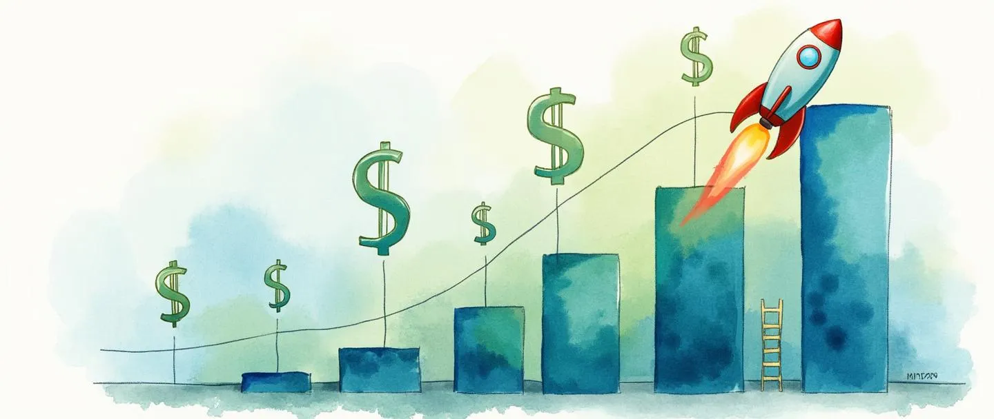 Uma pintura digital em aquarela de um gráfico de barras crescente com um foguete acoplado ao seu lado, impulsionando-o para cima. Símbolos de dinheiro flutuam ao redor do gráfico, aumentando de tamanho à medida que sobem. Uma pequena escada conecta diferentes níveis do gráfico, sugerindo progressão. Composição simples com vibrantes tons de azul e verde, transmitindo o conceito de faturamento escalável ou crescimento de receita.