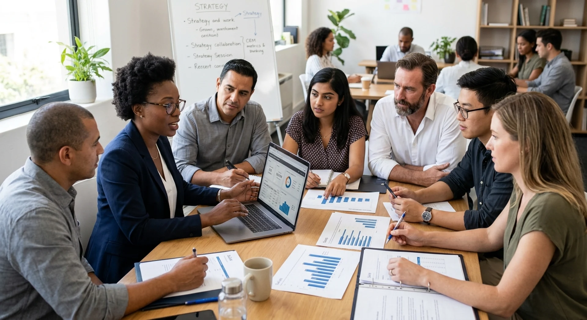 Promoções de vendas: 12 ideias que geram resultados e engajam sua equipe Equipe de vendas diversificada colaborando em reunião estratégica ao redor de mesa de escritório com laptops e gráficos de vendas, fotografia editorial ultra-realista com luz natural e detalhes nítidos